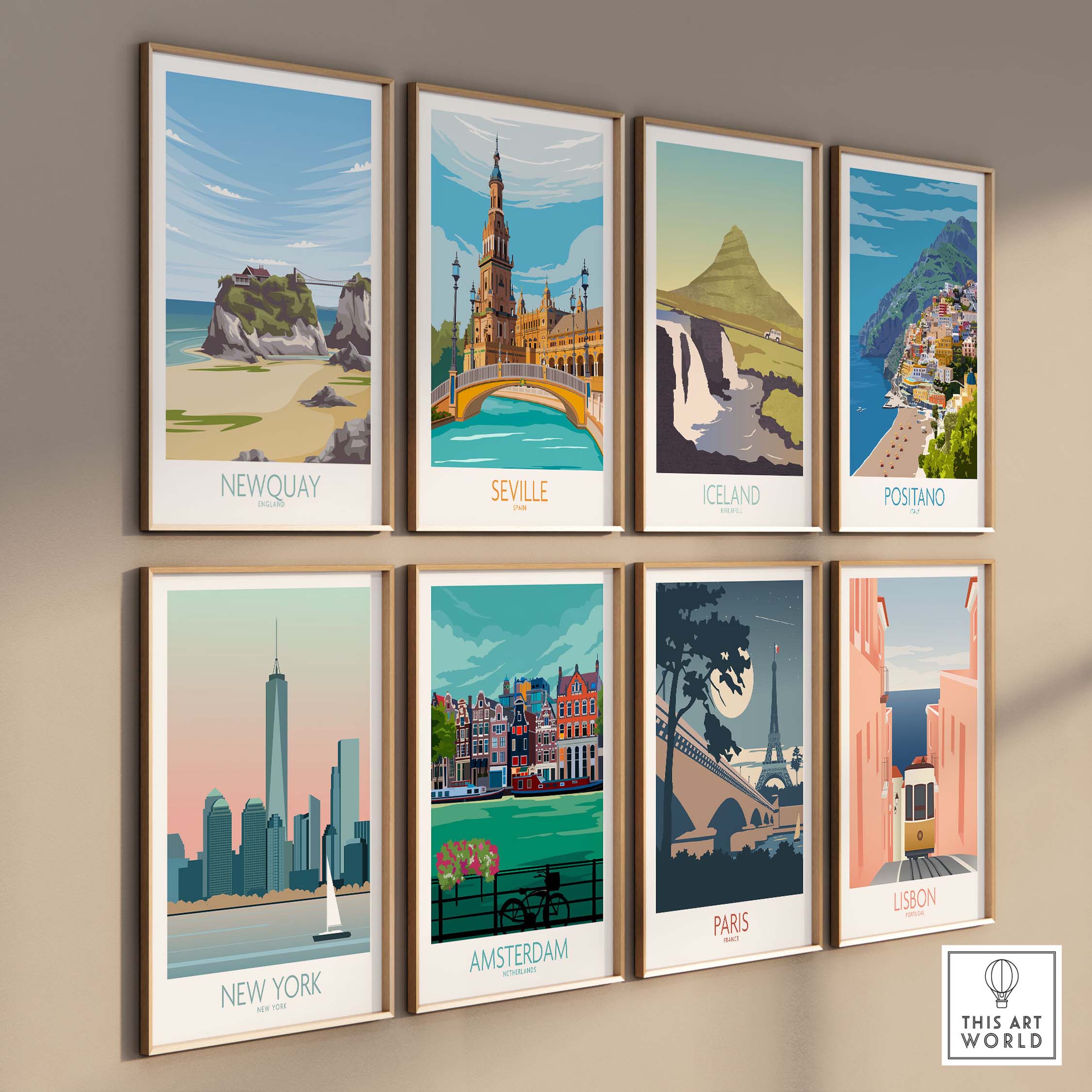 Collage of vintage travel posters including Newquay, Seville, Iceland, and more for stylish home decor.