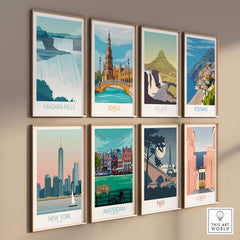 Collection of vintage travel posters featuring Niagara Falls, Seville, Iceland, Positano, New York, Amsterdam, Paris, and Lisbon.