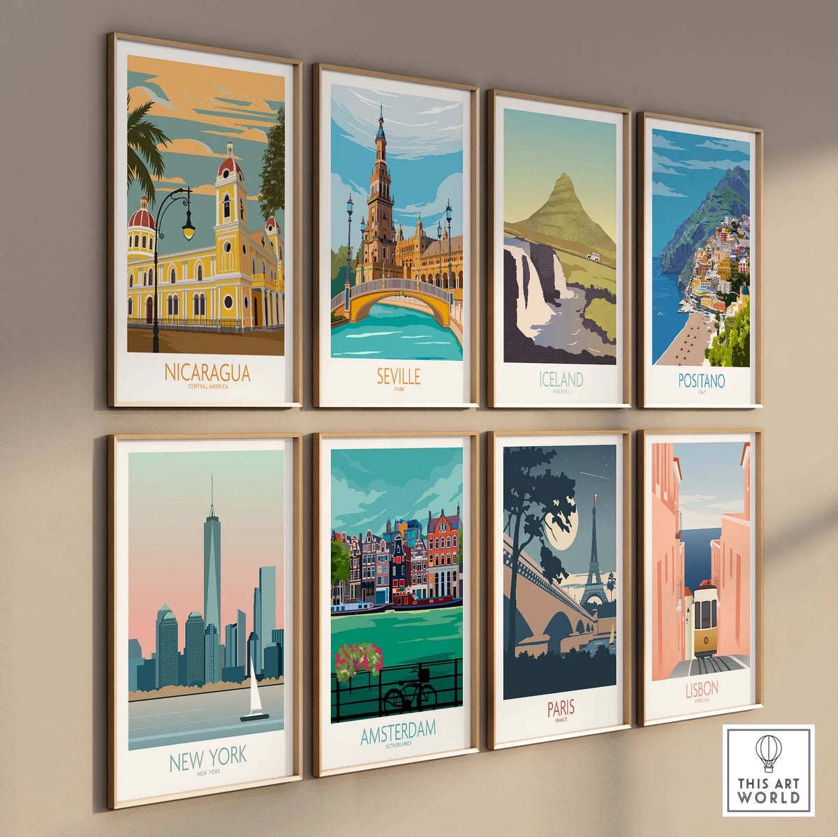 Collage of vintage-inspired travel posters including Nicaragua, Seville, Iceland, and more, showcasing beautiful destinations.