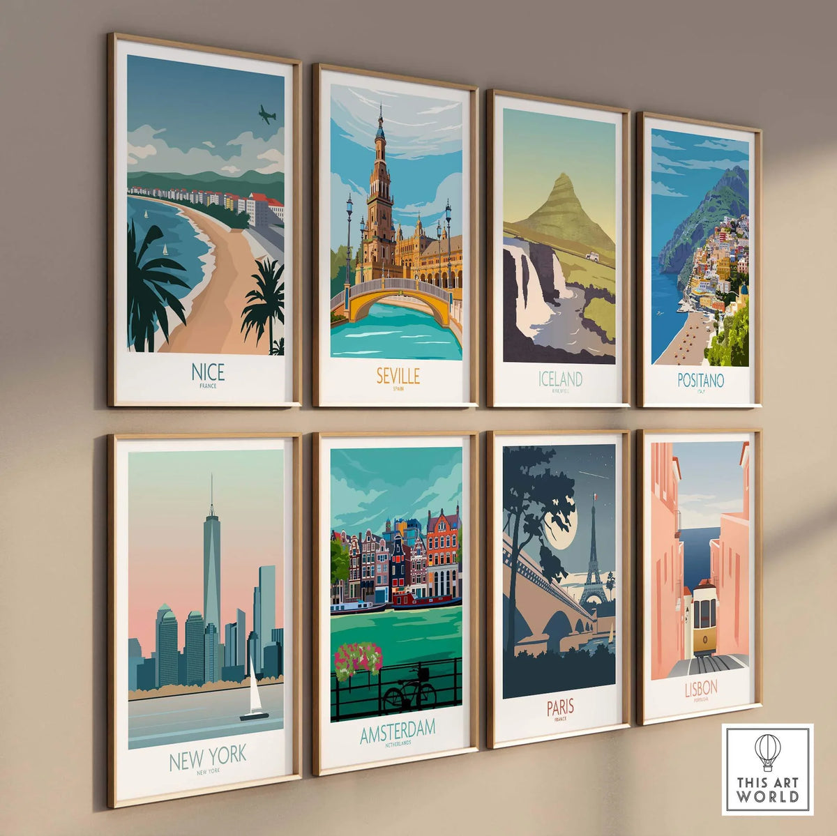 Gallery of vintage travel posters featuring Nice, Seville, Iceland, Positano, New York, Amsterdam, Paris, and Lisbon.