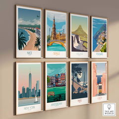 Gallery of vintage travel posters featuring Nice, Seville, Iceland, Positano, New York, Amsterdam, Paris, and Lisbon.