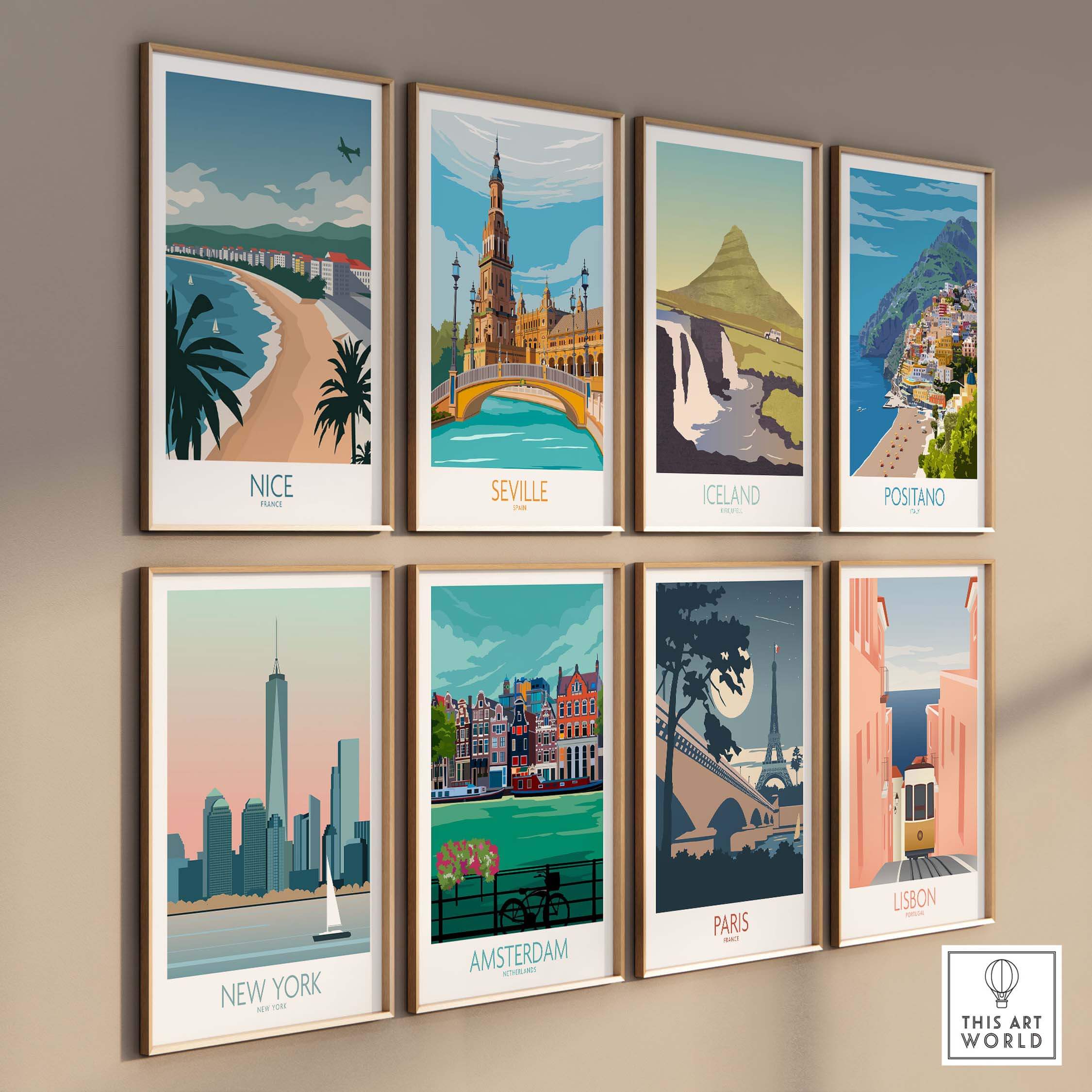 Gallery of vintage travel posters featuring Nice, Seville, Iceland, Positano, New York, Amsterdam, Paris, and Lisbon.