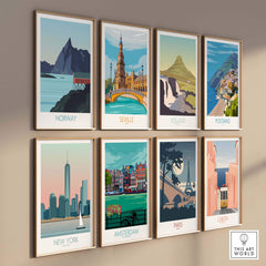 Gallery of vintage travel posters featuring locations like Norway, Seville, Iceland, and more for stylish wall art.