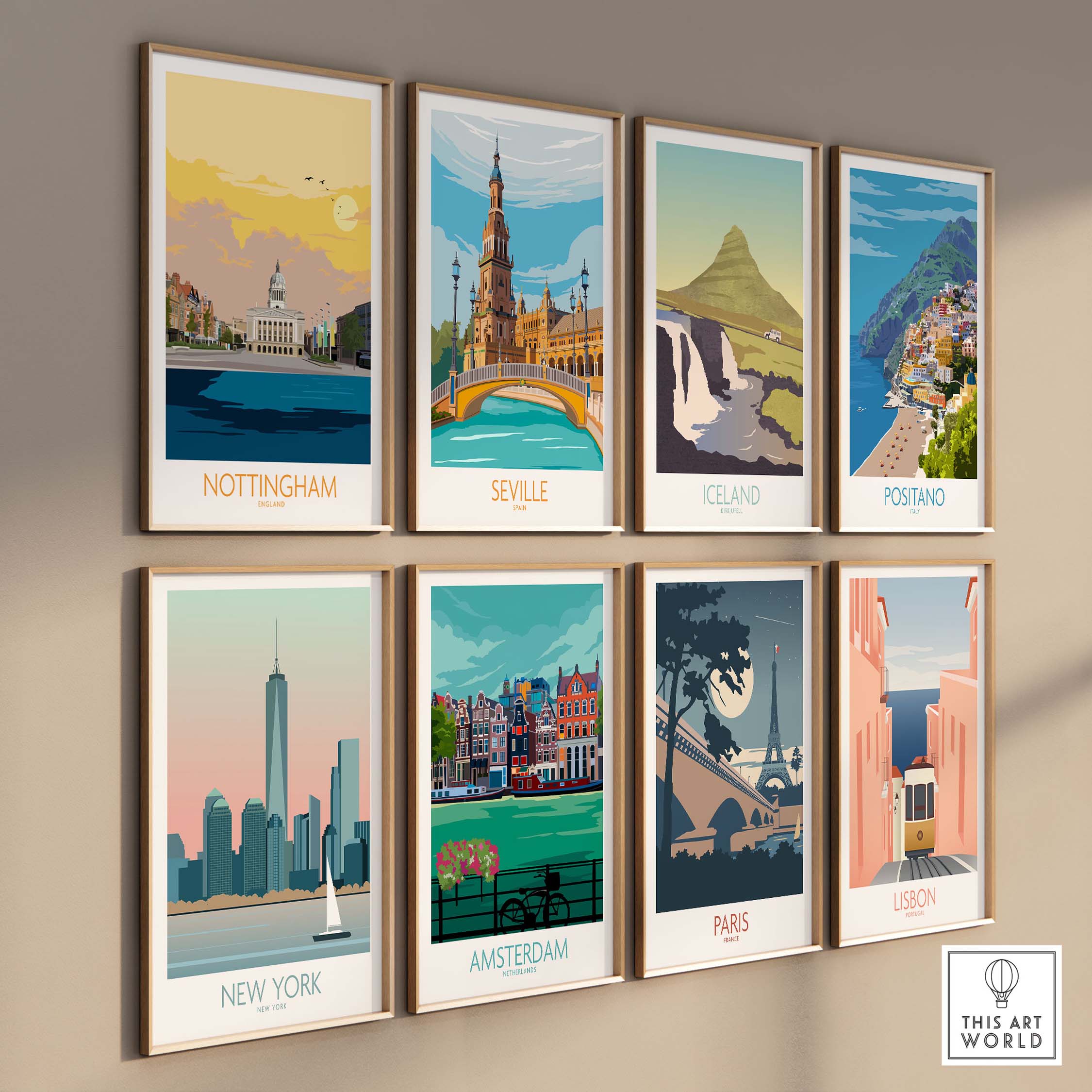 Collection of vintage-style travel poster prints featuring Nottingham, Seville, Iceland, and more.