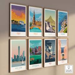 Collection of vintage travel posters featuring Oslo, Seville, Iceland, Positano, New York, Amsterdam, Paris, and Lisbon.