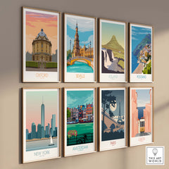 Collection of vintage travel posters featuring Oxford, Seville, Iceland, Positano, New York, Amsterdam, Paris, and Lisbon.