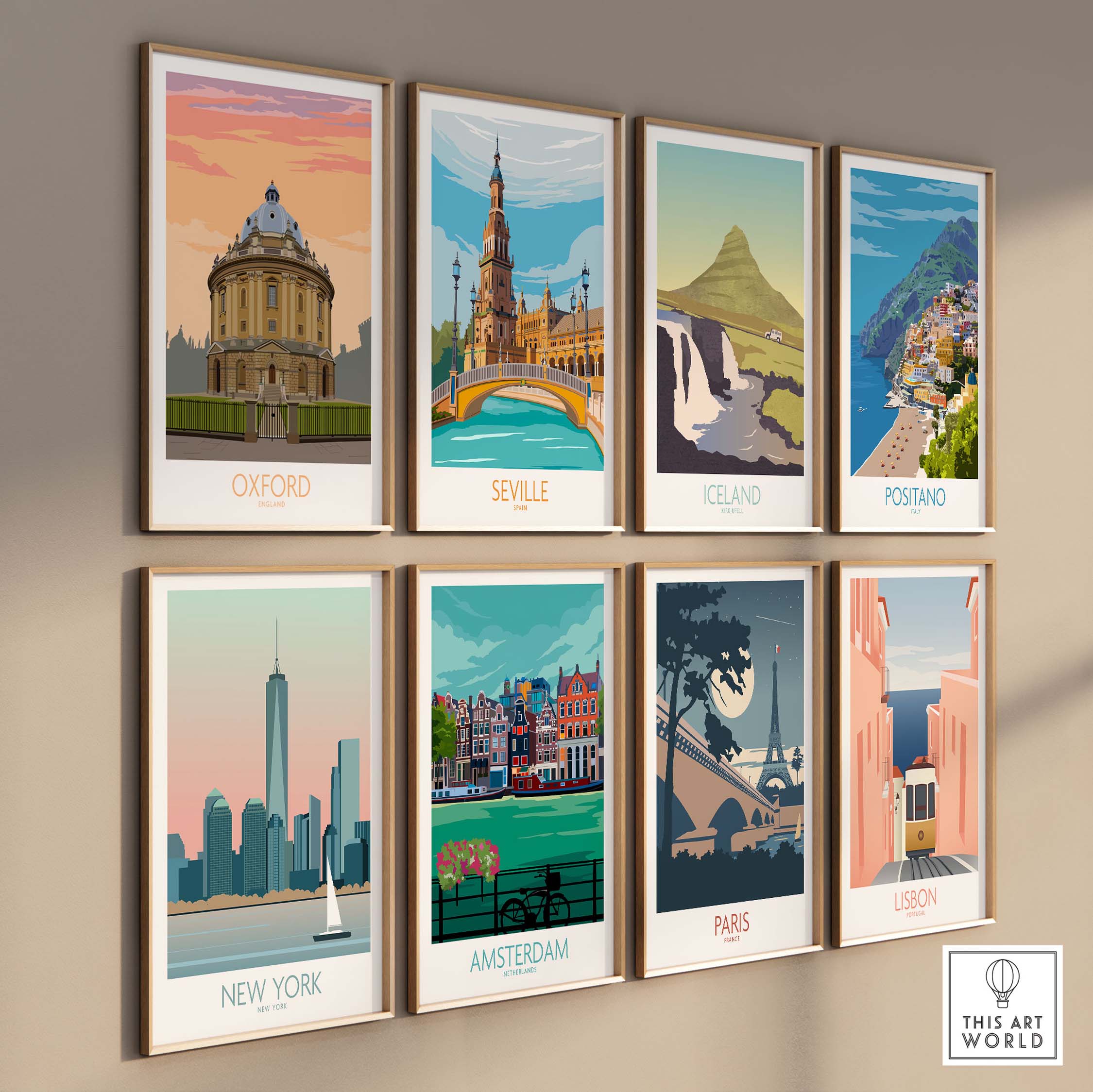 Collection of vintage travel posters featuring Oxford, Seville, Iceland, Positano, New York, Amsterdam, Paris, and Lisbon.
