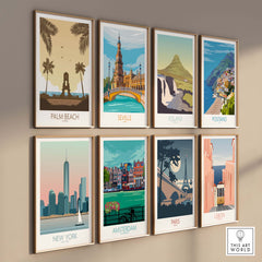 Colorful vintage travel posters showcasing Palm Beach, Seville, Iceland, and more on a stylish wall display.