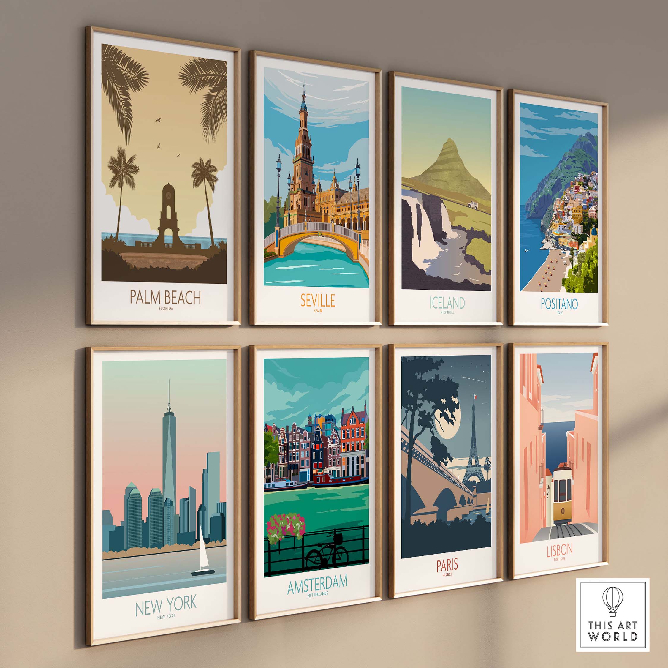 Colorful vintage travel posters showcasing Palm Beach, Seville, Iceland, and more on a stylish wall display.