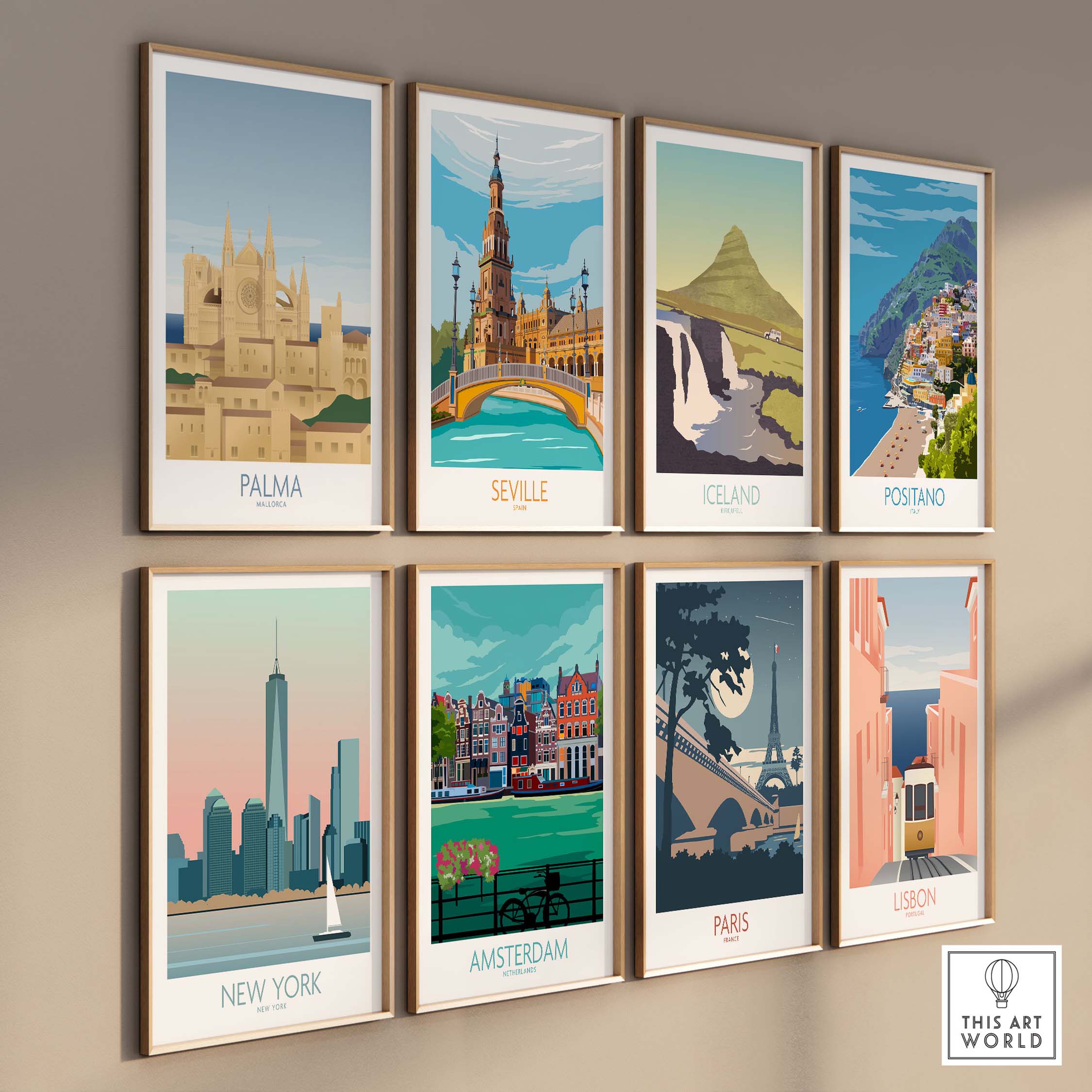 Collection of vintage travel wall art prints featuring Palma, Seville, Iceland, Positano, New York, Amsterdam, Paris, and Lisbon.
