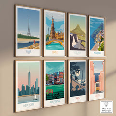 Paris wall art poster print collection displaying vintage travel-inspired designs of iconic cities.