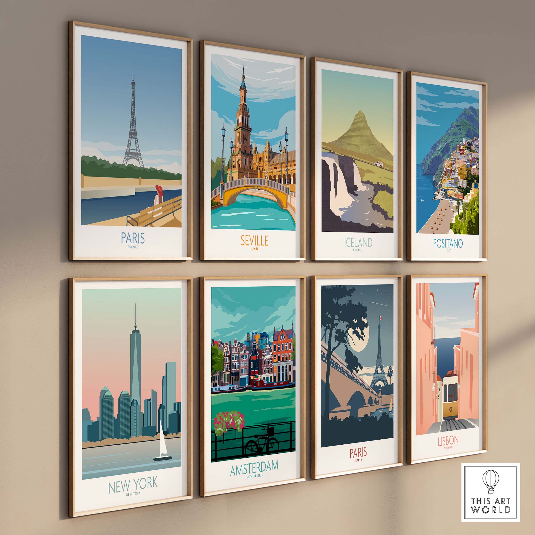 Paris wall art poster print collection displaying vintage travel-inspired designs of iconic cities.