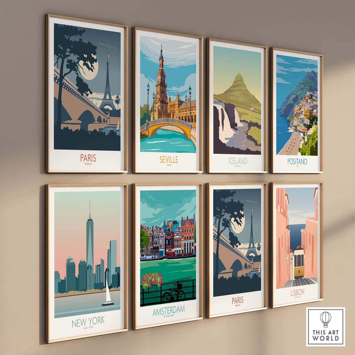 Collection of vintage travel posters featuring Paris, Seville, Iceland, Positano, New York, Amsterdam, and Lisbon on wall.