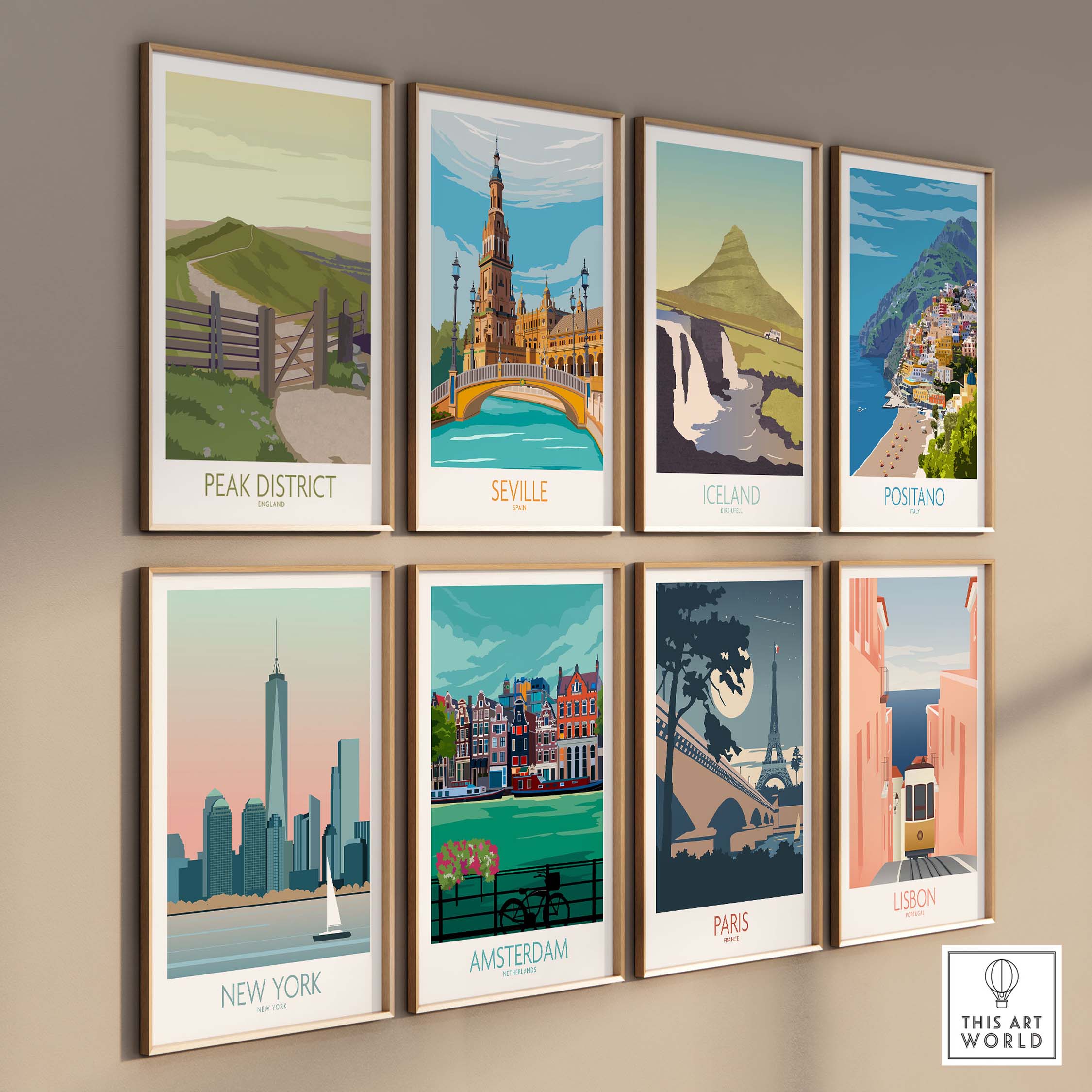 Collection of vintage travel art prints featuring the Peak District, Seville, Iceland, Positano, New York, Amsterdam, Paris, and Lisbon.