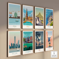 Poole Dorset travel poster print alongside designs from New York, Amsterdam, Paris, and others in stylish framed arrangement.