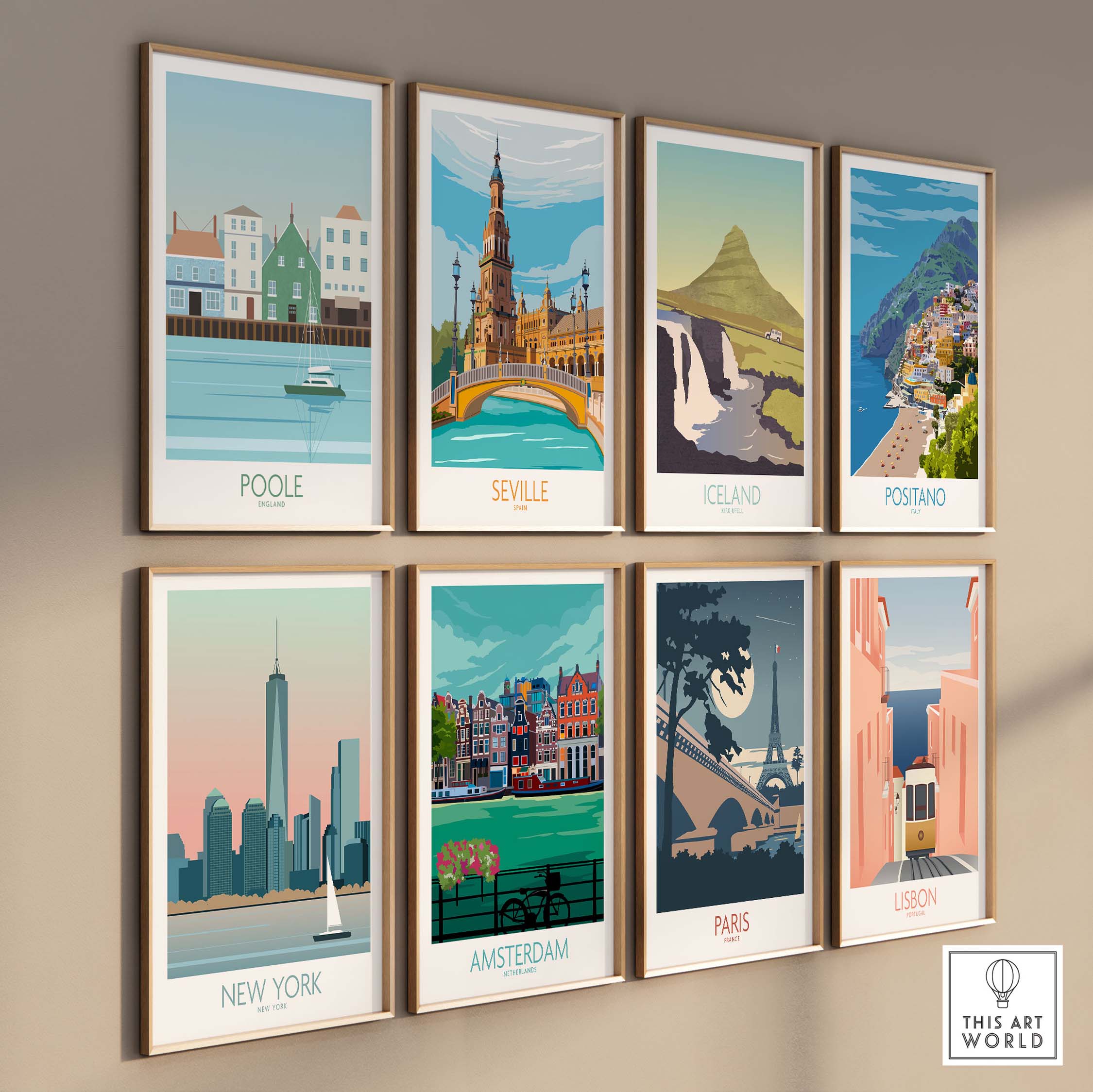 Poole Dorset travel poster print alongside designs from New York, Amsterdam, Paris, and others in stylish framed arrangement.