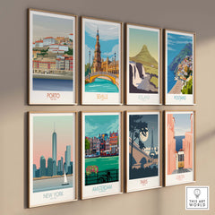 Gallery of vintage travel posters featuring Porto, Seville, Iceland, Positano, New York, Amsterdam, Paris, and Lisbon.