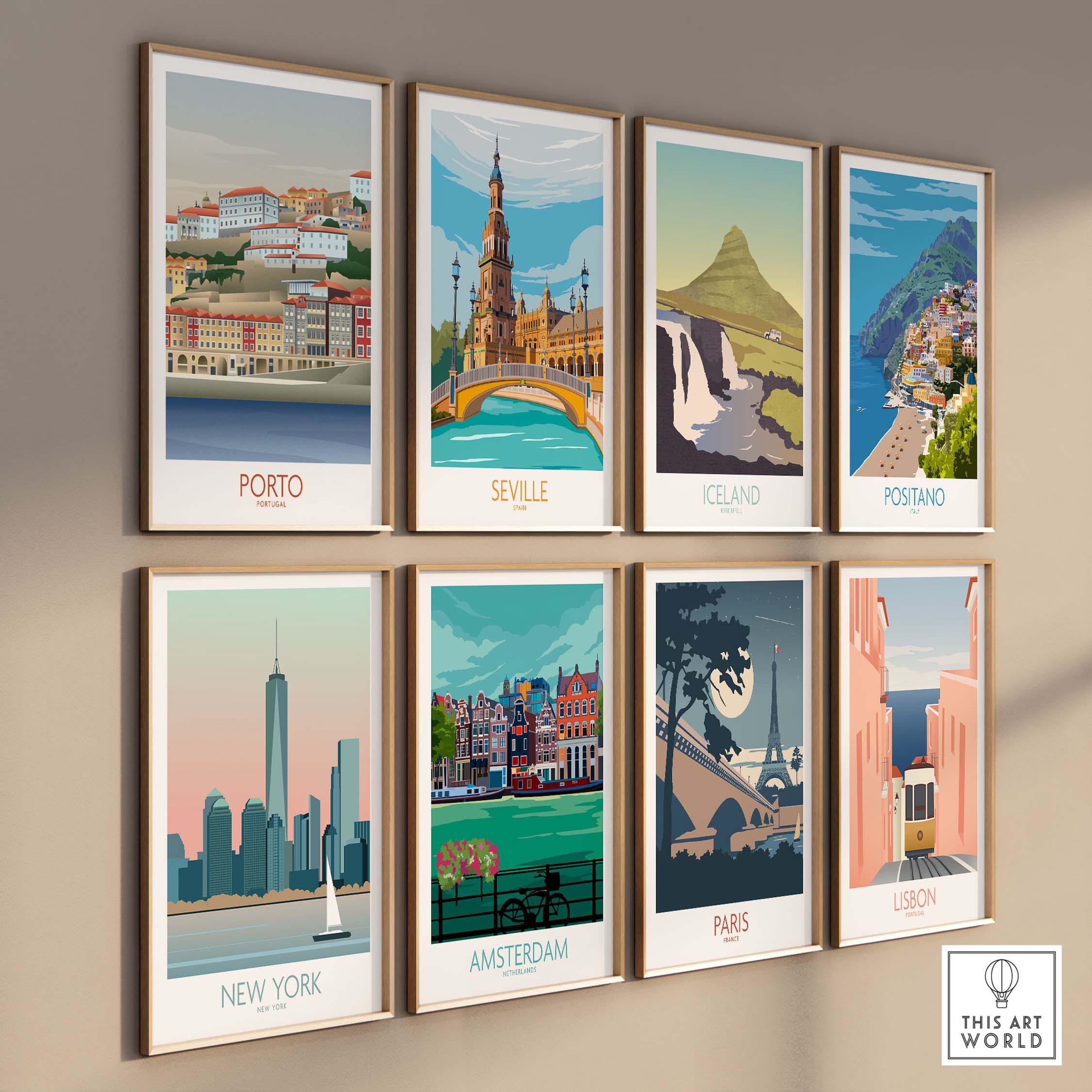 Gallery of vintage travel posters featuring Porto, Seville, Iceland, Positano, New York, Amsterdam, Paris, and Lisbon.