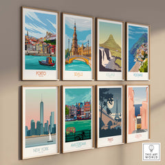Colorful travel poster prints featuring Porto, Seville, Iceland, Positano, New York, Amsterdam, Paris, and Lisbon.
