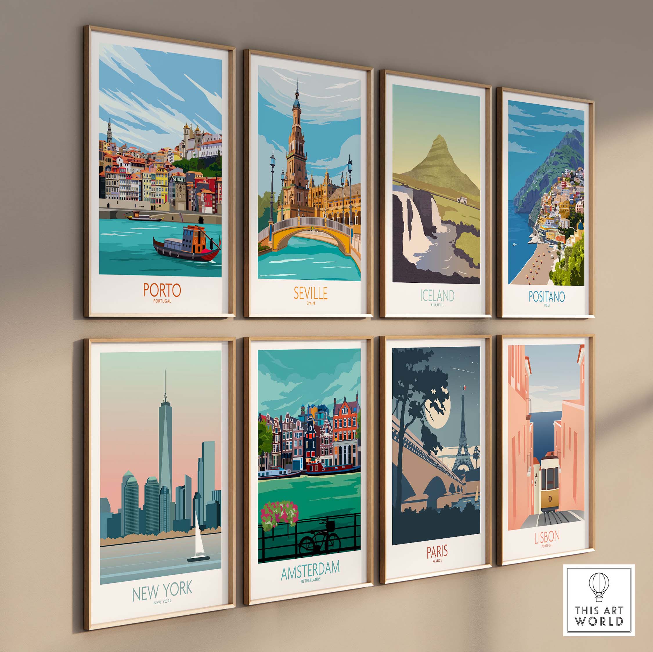 Colorful travel poster prints featuring Porto, Seville, Iceland, Positano, New York, Amsterdam, Paris, and Lisbon.