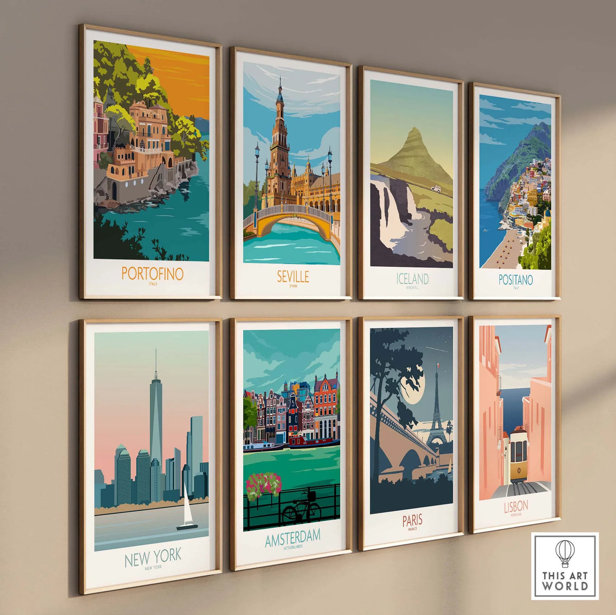 Gallery of vintage-inspired travel posters featuring Destinations like Positano, New York, Paris, and Lisbon.