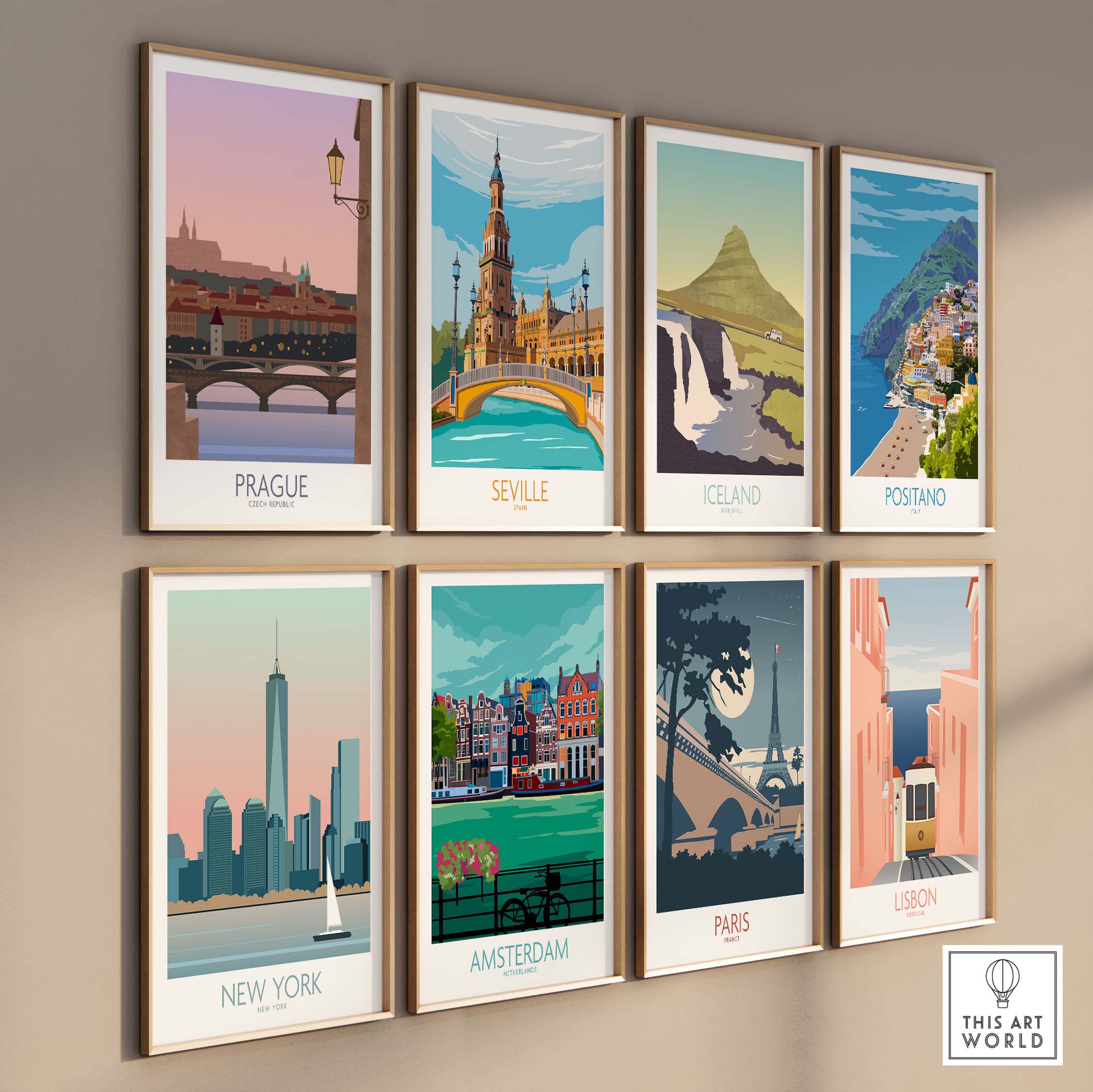 Collection of vintage travel posters featuring Prague, Seville, Iceland, Positano, New York, Amsterdam, Paris, and Lisbon.