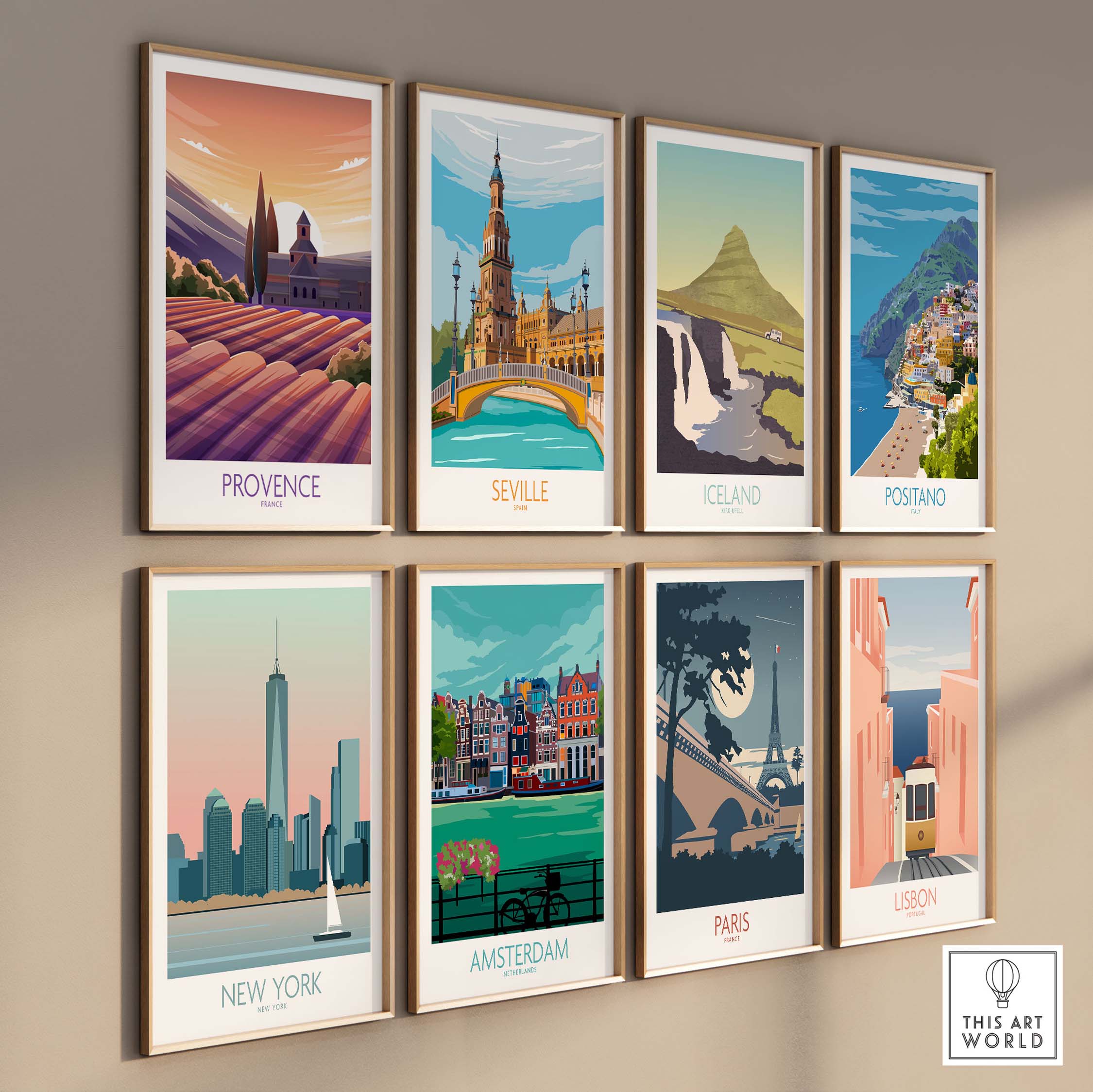 Gallery of vintage travel posters featuring Provence, Seville, Iceland, Positano, New York, Amsterdam, Paris, and Lisbon.