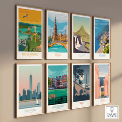 Collection of vintage travel posters including Rio de Janeiro, Seville, Iceland, and more. Perfect for home decor.