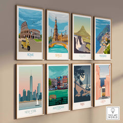 A collection of vintage-inspired travel posters featuring Rome, Seville, Iceland, Positano, New York, Amsterdam, Paris, and Lisbon.