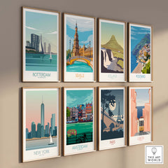 Collection of vintage travel posters including Rotterdam, Seville, Iceland, and more, showcasing stylish wall art.
