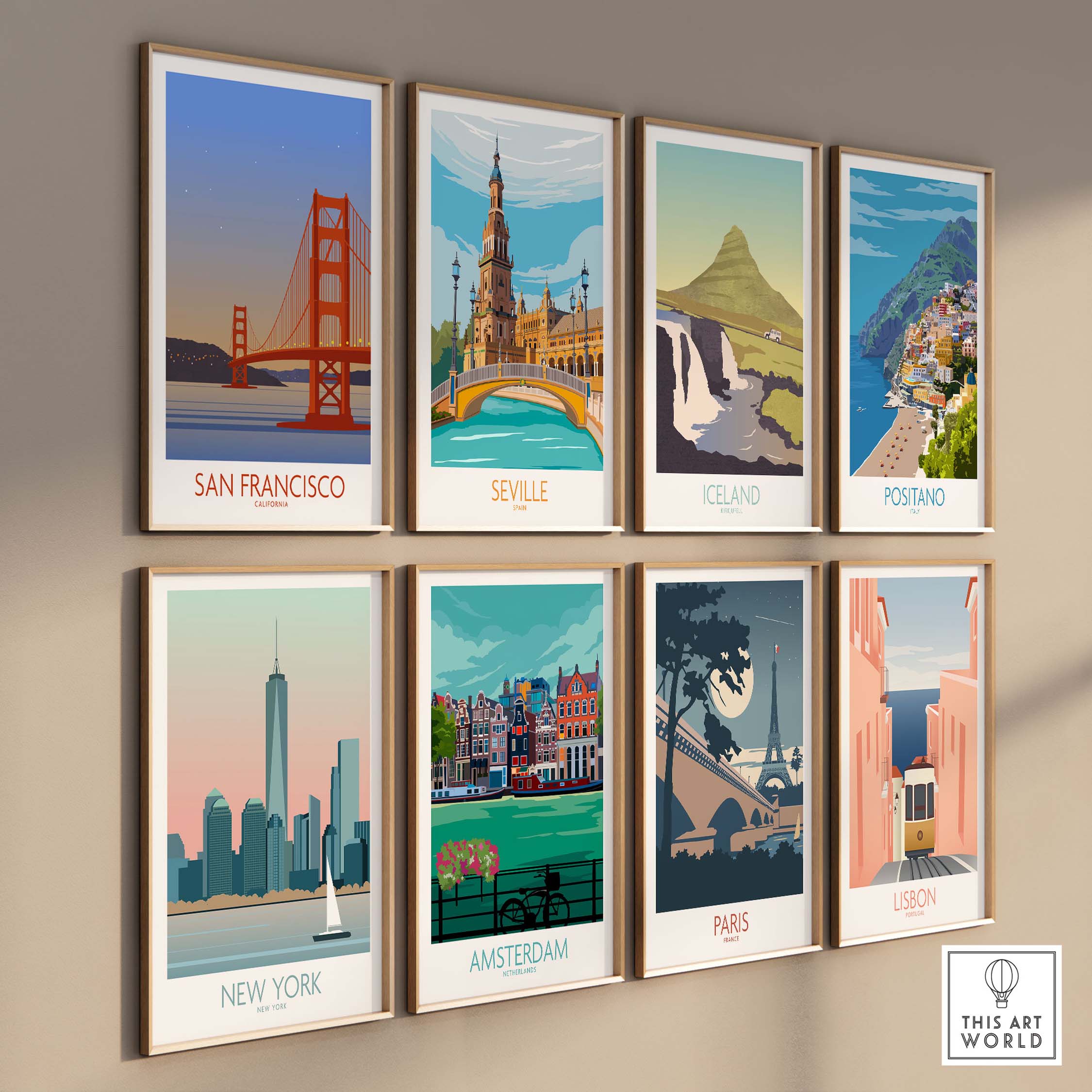 Collection of travel art posters featuring San Francisco, Seville, Iceland, Positano, New York, Amsterdam, Paris, and Lisbon.