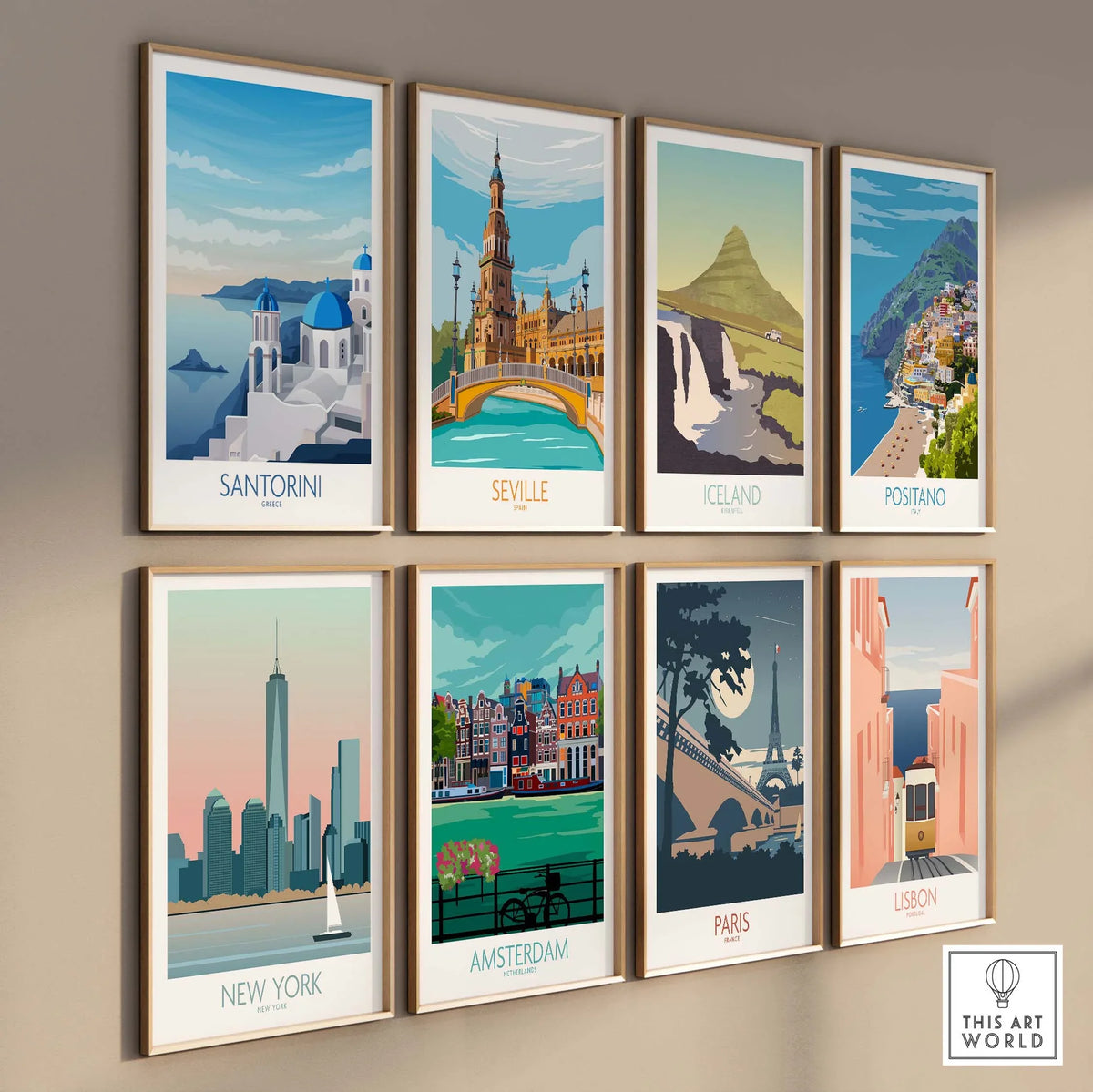 Gallery of vintage travel posters featuring Santorini, Seville, Iceland, Positano, New York, Amsterdam, Paris, and Lisbon.