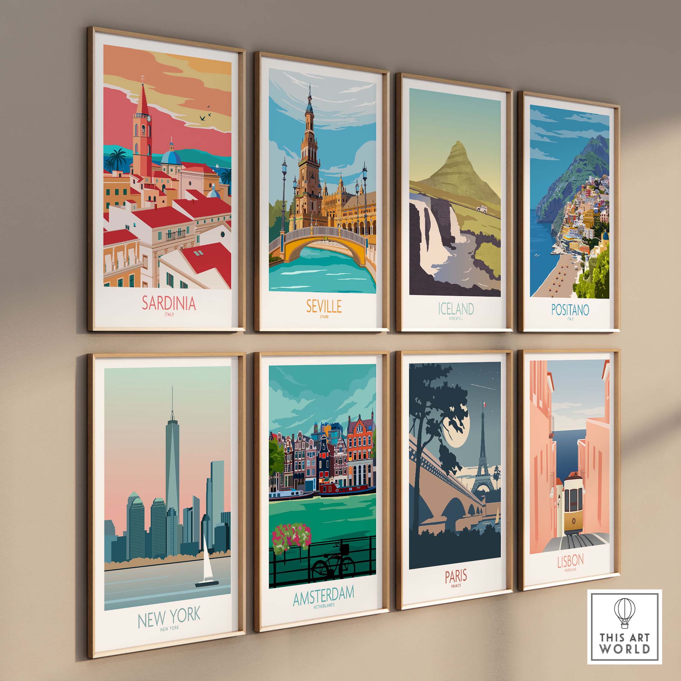 Collection of vintage travel posters including Sardinia, Seville, and Paris, showcasing vibrant travel-inspired art.