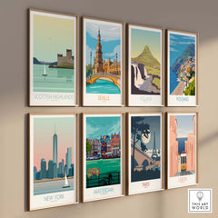 Vintage travel art prints featuring Scottish Highlands, Seville, Iceland, Positano, New York, Amsterdam, Paris, and Lisbon.