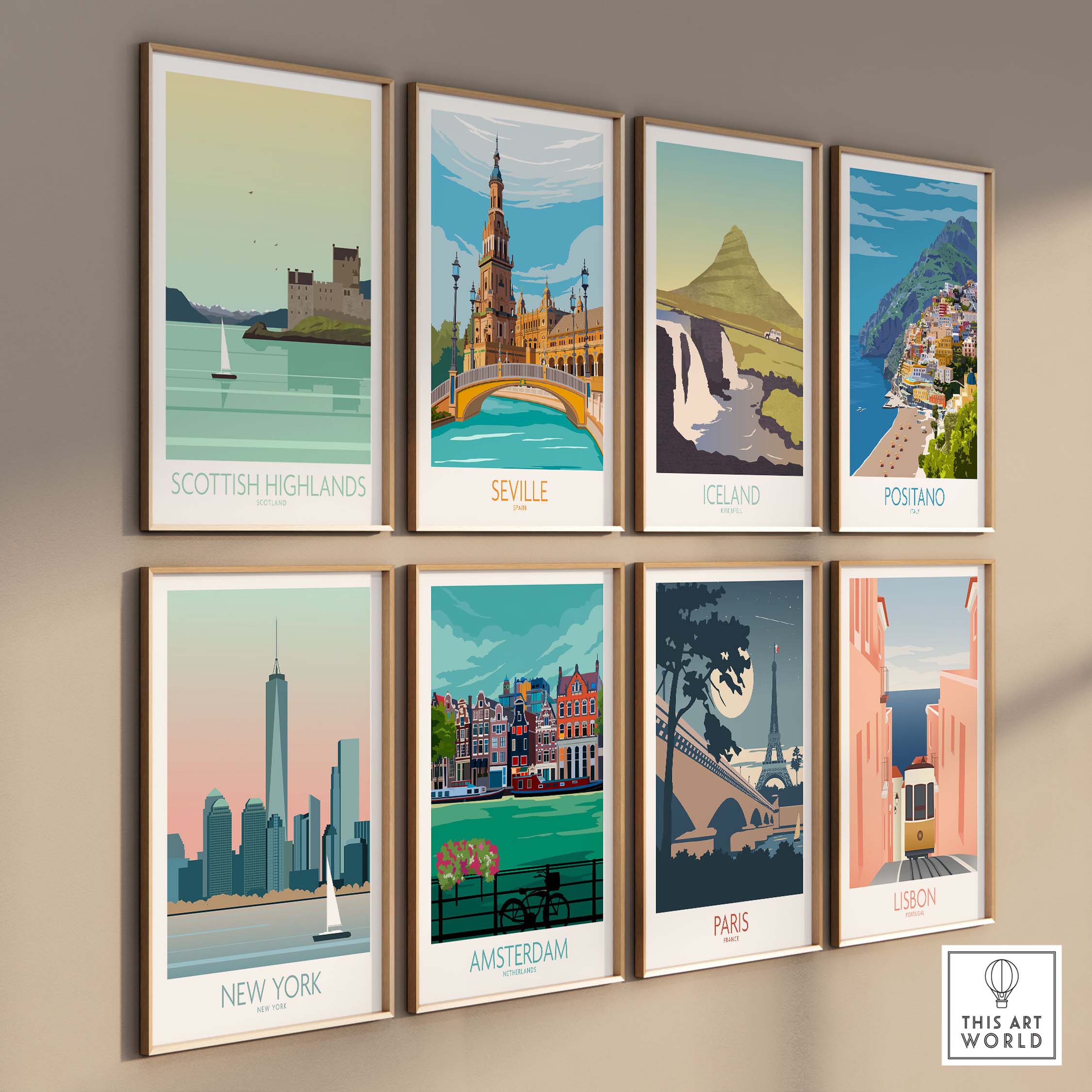 Vintage travel art prints featuring Scottish Highlands, Seville, Iceland, Positano, New York, Amsterdam, Paris, and Lisbon.
