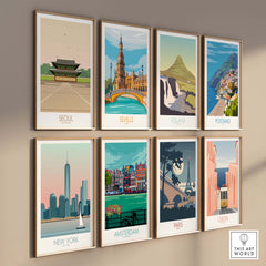 Gallery of vintage travel posters featuring Seoul, Seville, Iceland, Positano, New York, Amsterdam, Paris, and Lisbon.