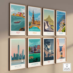 Collection of vintage travel art prints featuring destinations like Sicily, Seville, Iceland, and more.