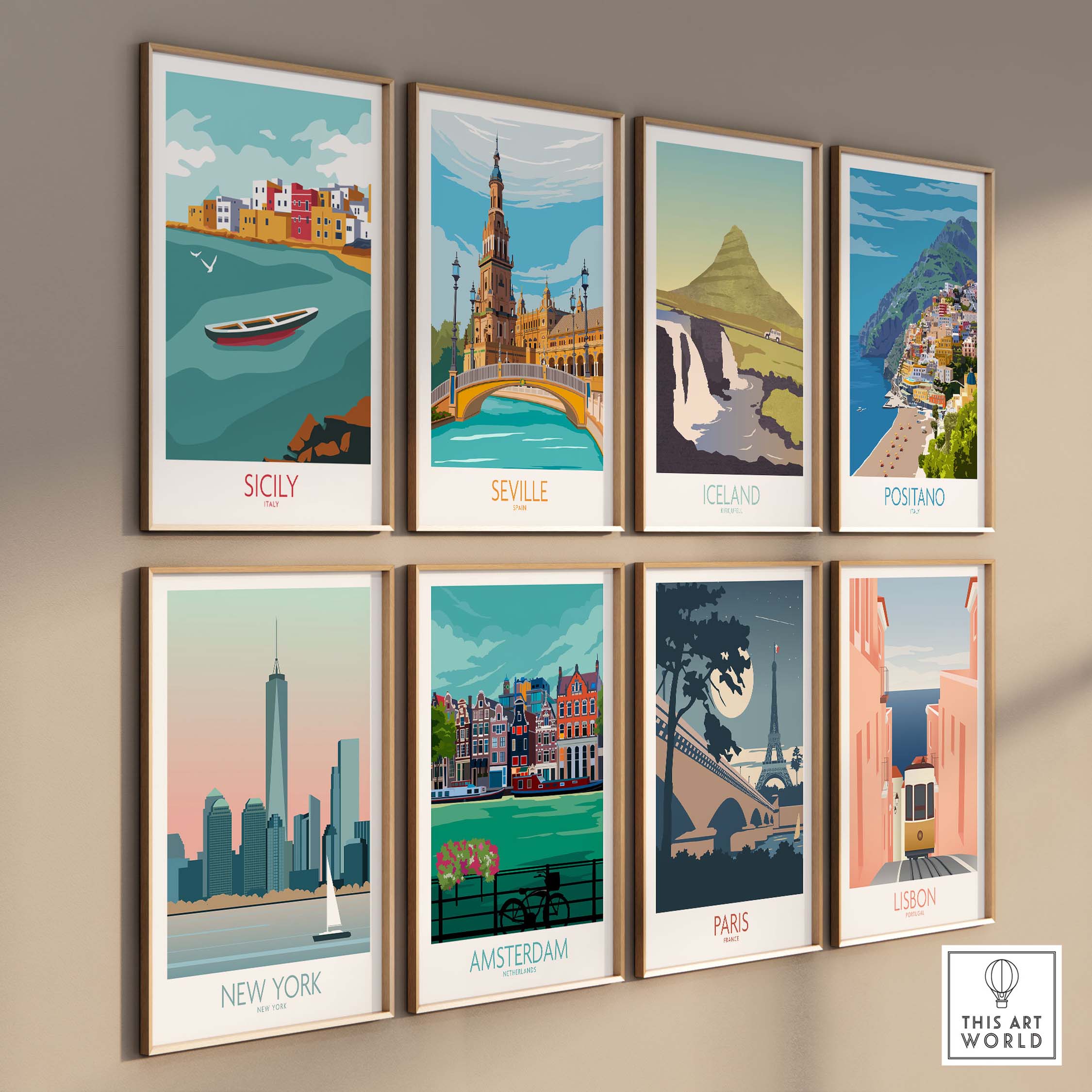 Collection of vintage travel art prints featuring destinations like Sicily, Seville, Iceland, and more.