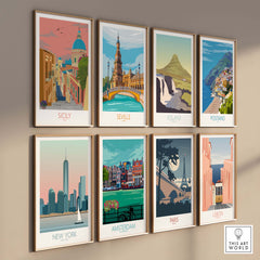 Sicily Italy wall art print among other vintage travel posters on a stylish gallery wall.