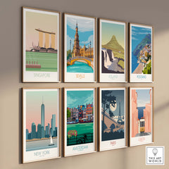 Collection of vintage travel posters featuring Singapore, Seville, Iceland, and more for stylish wall art.