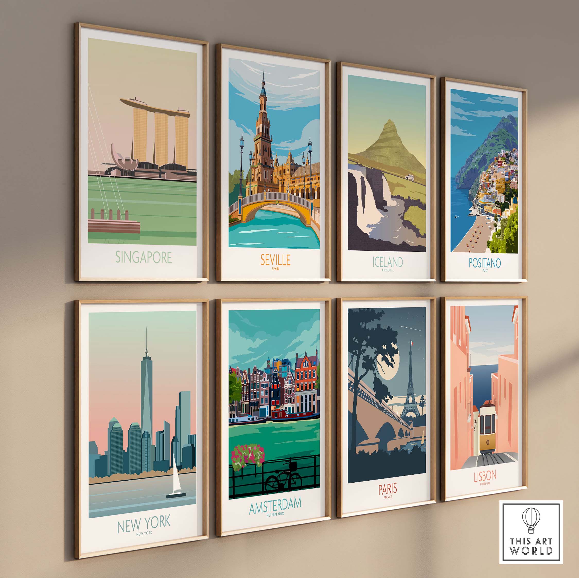 Collection of vintage travel posters featuring Singapore, Seville, Iceland, and more for stylish wall art.
