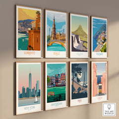 Collection of vintage travel posters featuring Sorrento, Seville, Iceland, and more, showcasing iconic landmarks.
