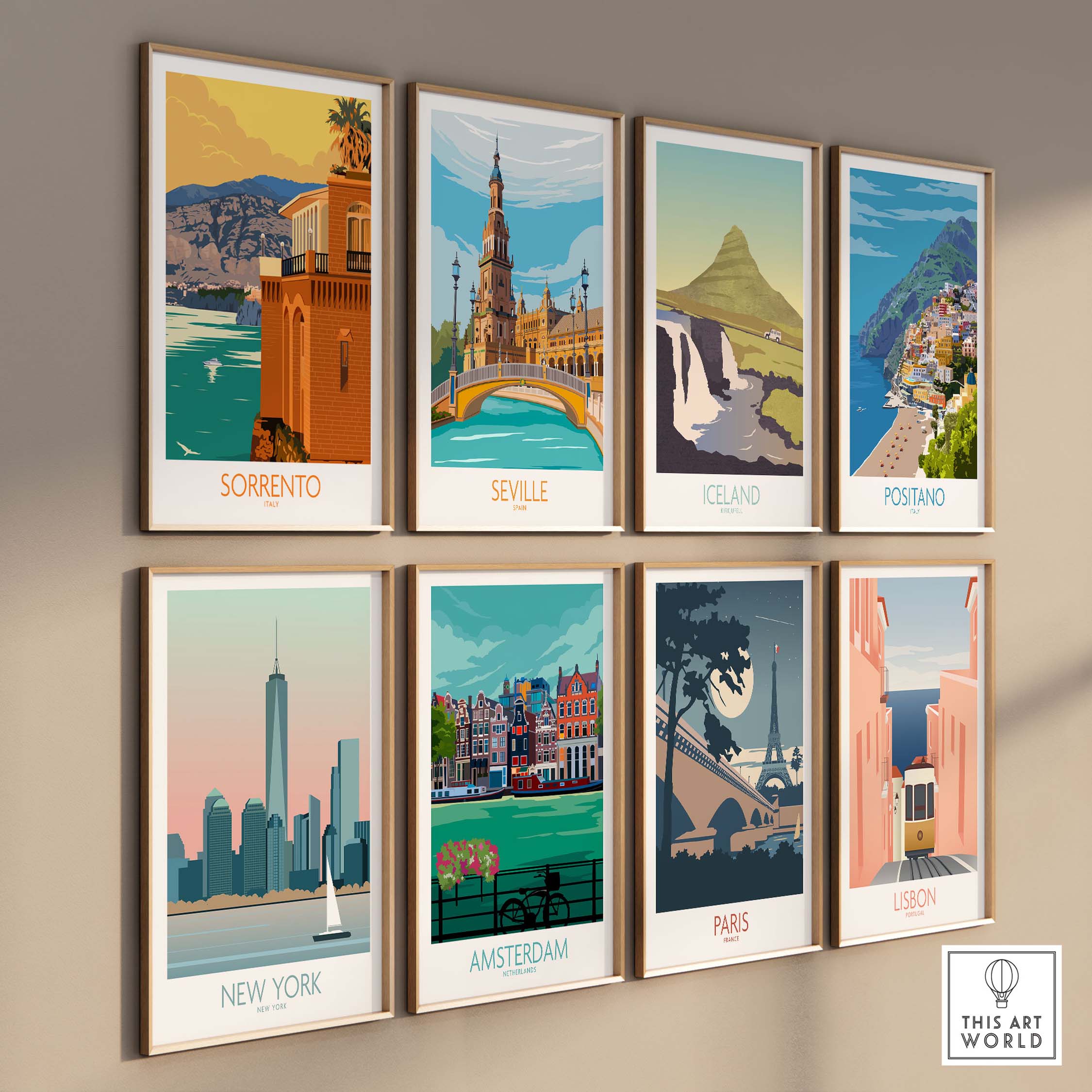Collection of vintage travel posters featuring Sorrento, Seville, Iceland, and more, showcasing iconic landmarks.