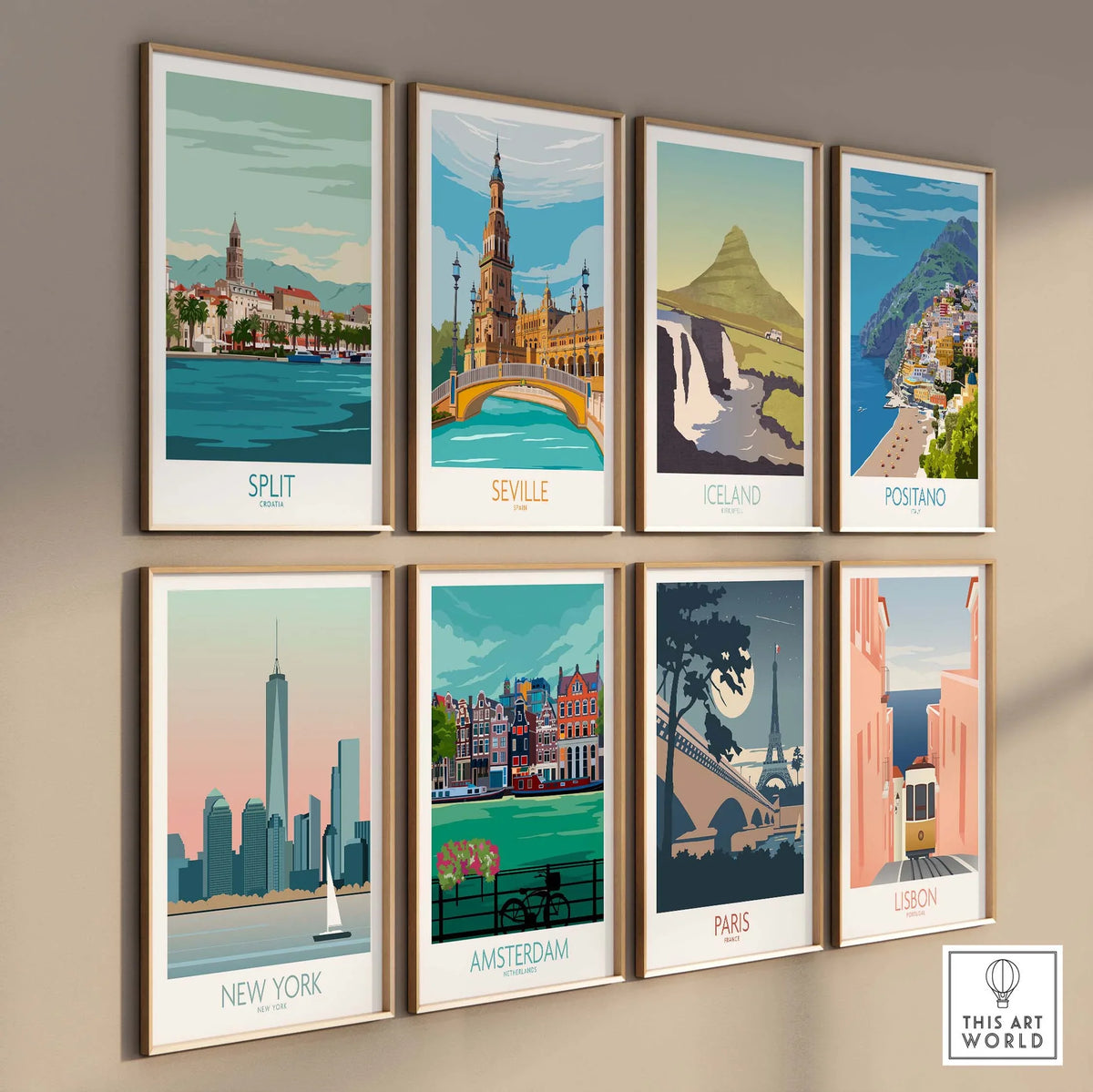 A collection of travel poster prints featuring Split, Seville, Iceland, Positano, New York, Amsterdam, Paris, and Lisbon.