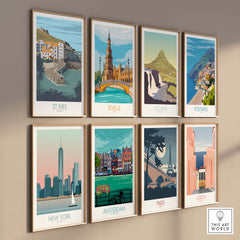 Gallery of vintage-inspired travel posters featuring St Ives, Seville, Iceland, Positano, New York, Amsterdam, Paris, and Lisbon.