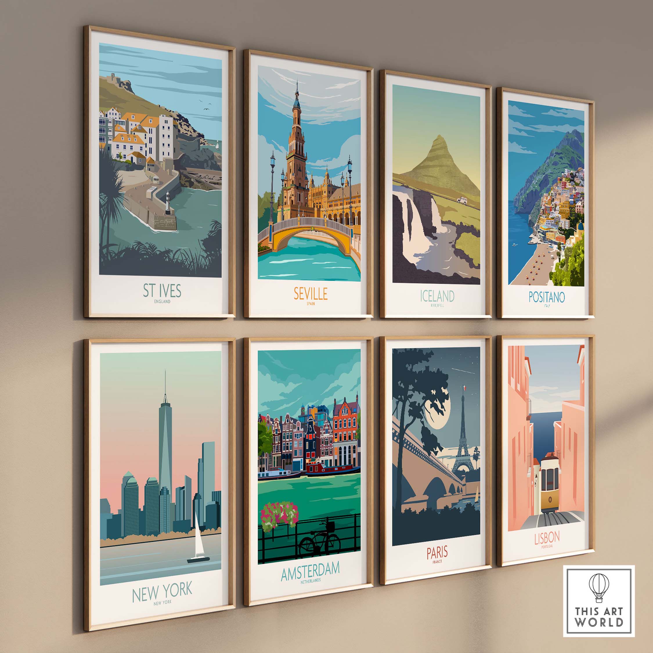 Gallery of vintage-inspired travel posters featuring St Ives, Seville, Iceland, Positano, New York, Amsterdam, Paris, and Lisbon.