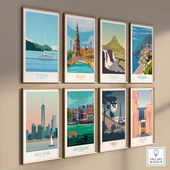 Collection of vintage travel posters featuring St John, Seville, Iceland, Positano, New York, Amsterdam, Paris, and Lisbon.