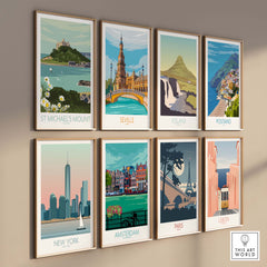 Gallery of vintage travel posters featuring St Michael's Mount, Seville, Iceland, Positano, New York, Amsterdam, Paris, and Lisbon.