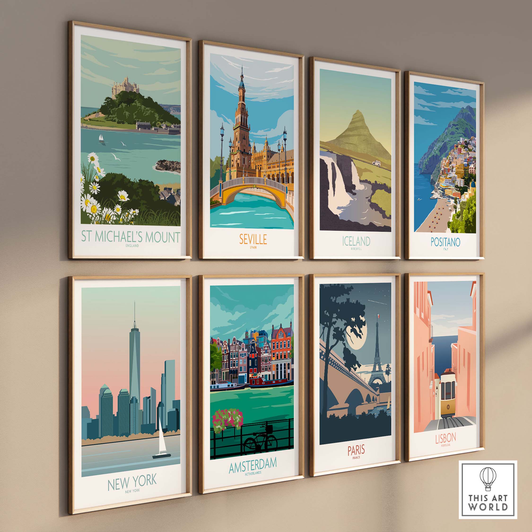 Gallery of vintage travel posters featuring St Michael's Mount, Seville, Iceland, Positano, New York, Amsterdam, Paris, and Lisbon.