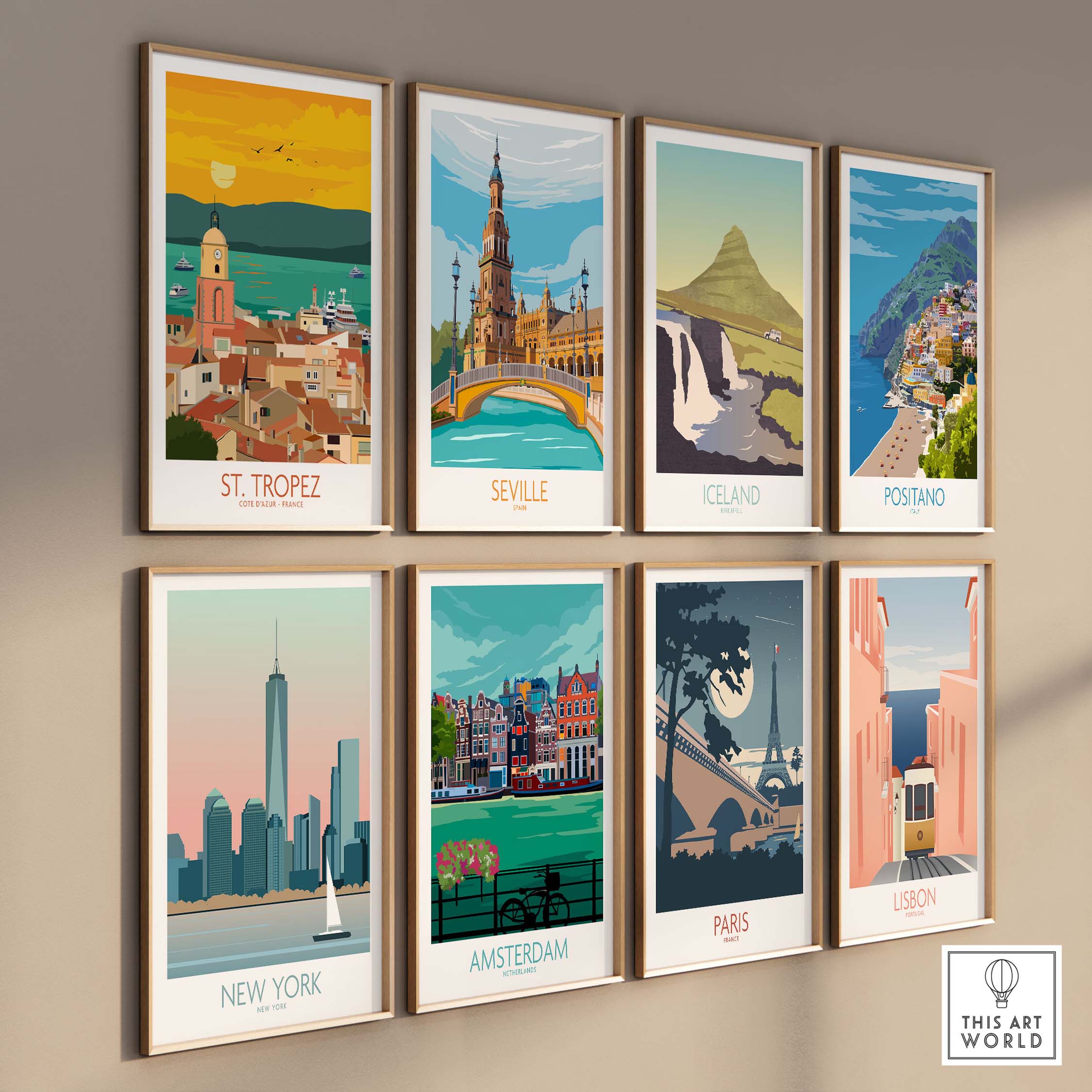 Gallery of travel art prints featuring St Tropez, Seville, Iceland, Positano, New York, Amsterdam, Paris, and Lisbon.